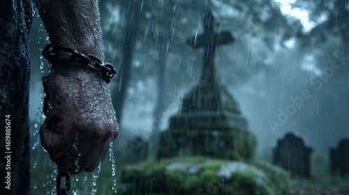 Rainy Grave: A gripping, cinematic depiction of an aged hand, shackled by chains, against a backdrop of a moss-covered graveyard in the rain.