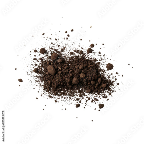 Dark brown soil particles, varying from fine dust to small crumbs, dynamically scattering on a transparent seamless studio background with soft lighting, top-down view, forming a textured organic