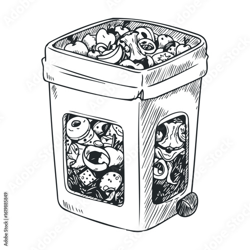 Compost bin filled with organic waste sketch: vegetables, fruits, scraps, recycling, sustainability. Vector illustration