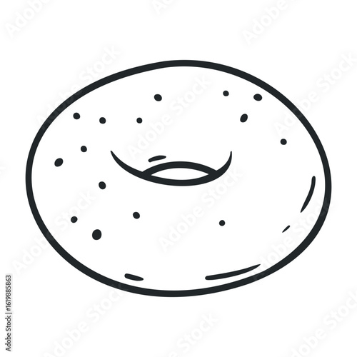 Black and white line drawing of a plain bagel with seeded texture. Vector illustration