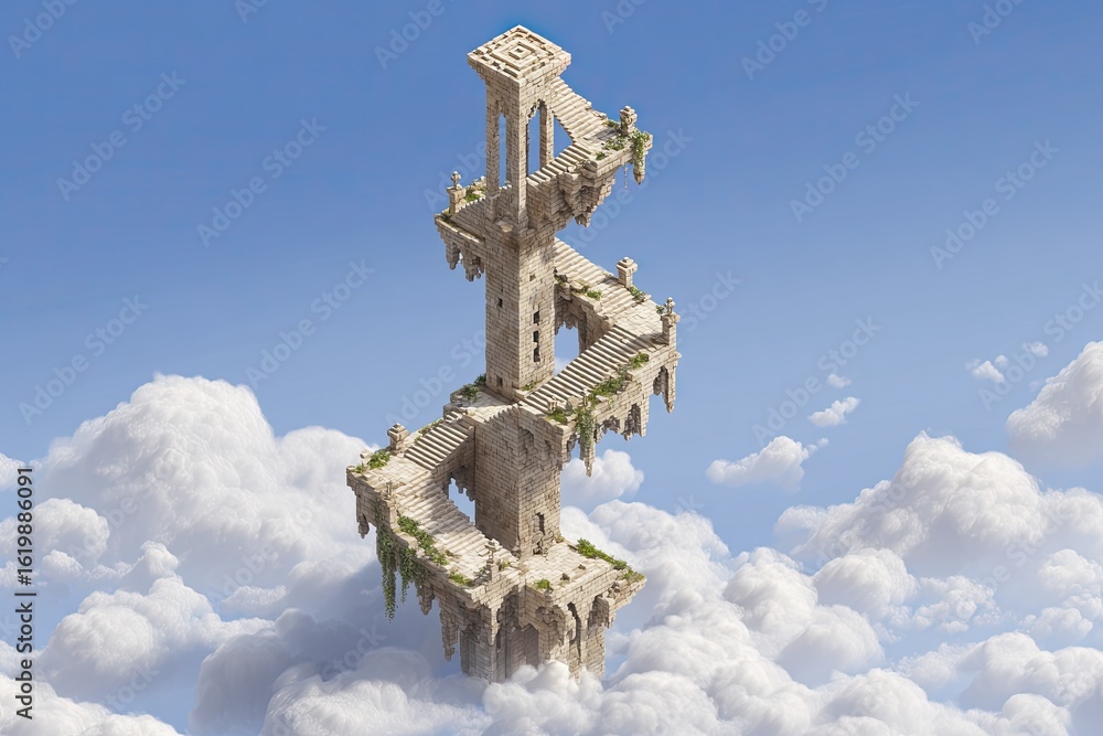 Fototapeta premium Ancient, spiraling tower floats above clouds
