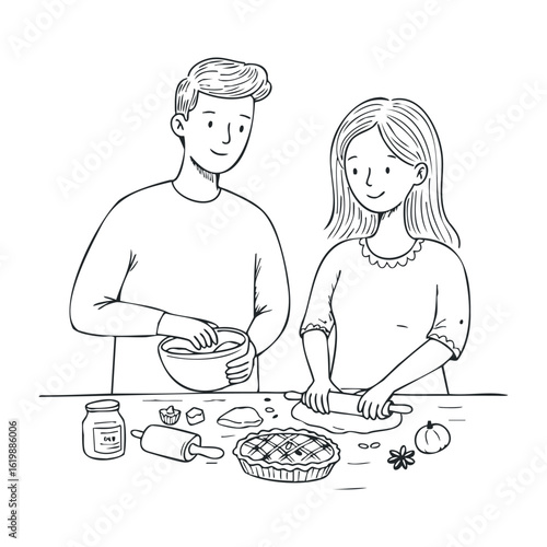 Caucasian young adults baking together in kitchen, making pie with ingredients. Vector illustration