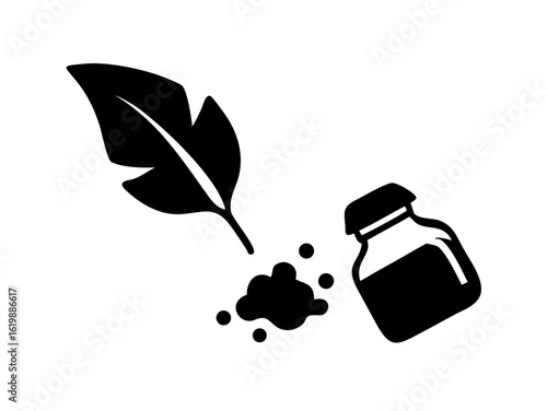Ink bottle with leaf and ink splatter in silhouette style