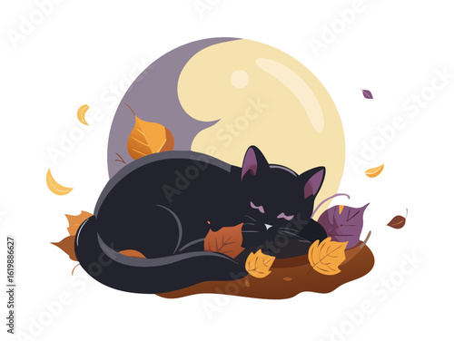 Sleeping black cat with leaves under full moon illustration