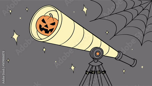 A spooky halloween telescope reveals a jack o lantern among the stars and cobwebs on a dark night