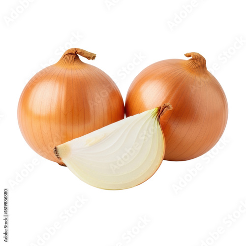 three fresh golden-brown whole onions and one crisp translucent white onion wedge with distinct rings, on a clean white studio background with soft shadows and copy space, ultra realistic