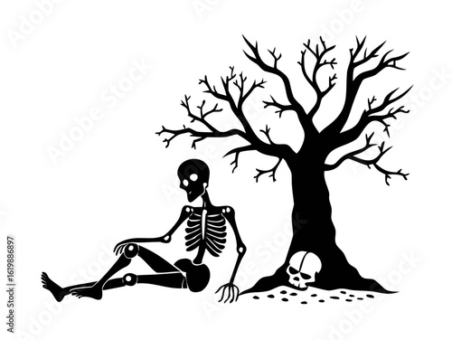 Skeleton sitting under tree with bare branches