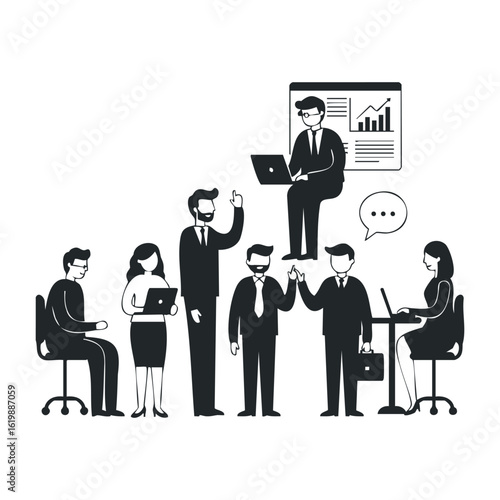 Business team meeting illustration with diverse professionals collaborating. Vector illustration