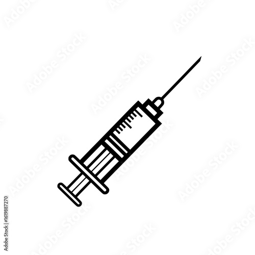 A simple, dark outline of a medical syringe with a needle, set against a white background.