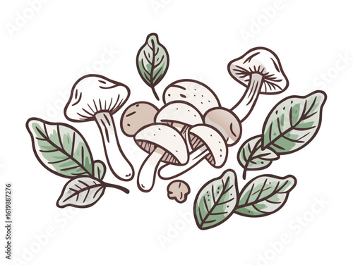 Hand-drawn mushrooms and leaves botanical composition