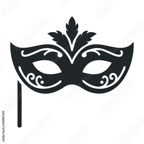 Elegant black masquerade mask with intricate design and stick holder. Vector illustration