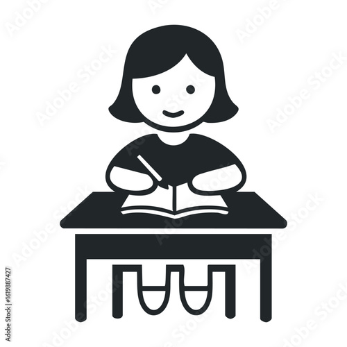 Young caucasian female child studying at desk icon in black and white. Vector illustration