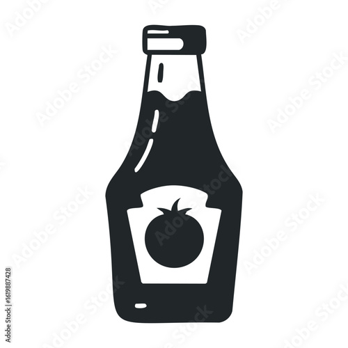 Monochrome ketchup bottle silhouette with tomato icon on label. Vector illustration