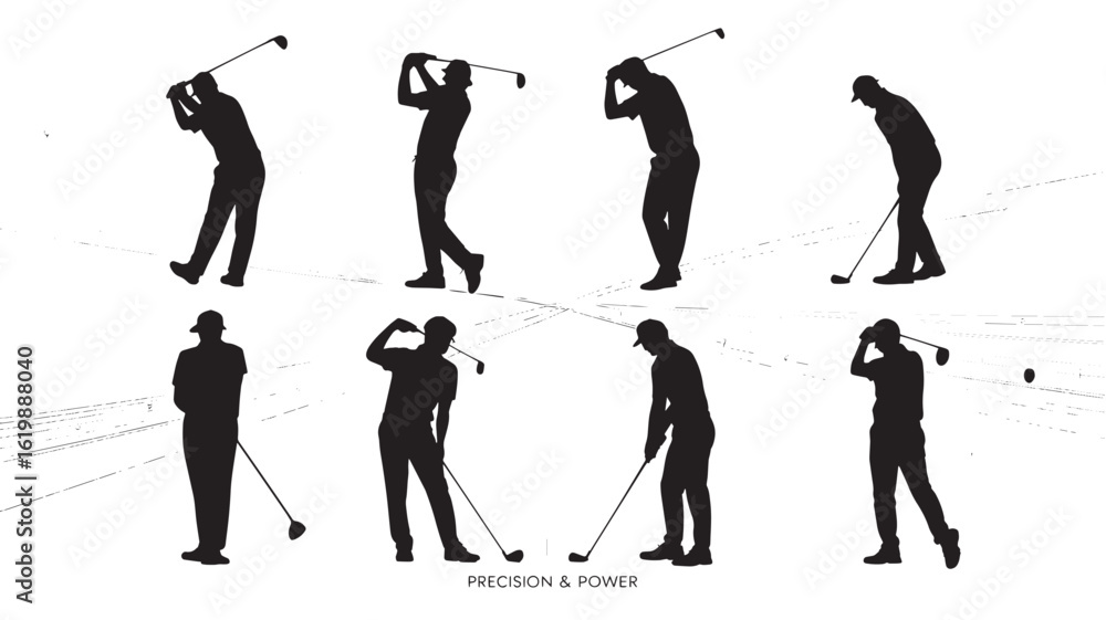 Fototapeta premium Golf Player Silhouette Sequence Demonstrating Swing Precision and Power for Sports and Recreational Concepts