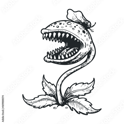 Aggressive cartoon venus flytrap with sharp teeth and butterfly on leaf. Vector illustration