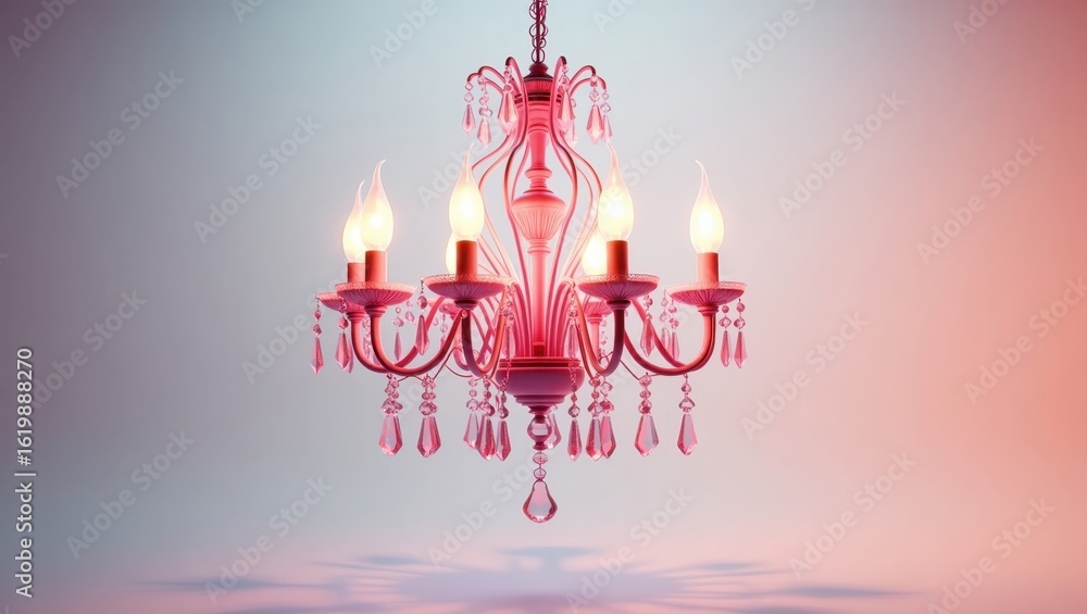 Fototapeta premium Pink chandelier with crystal accents against a soft gradient background.