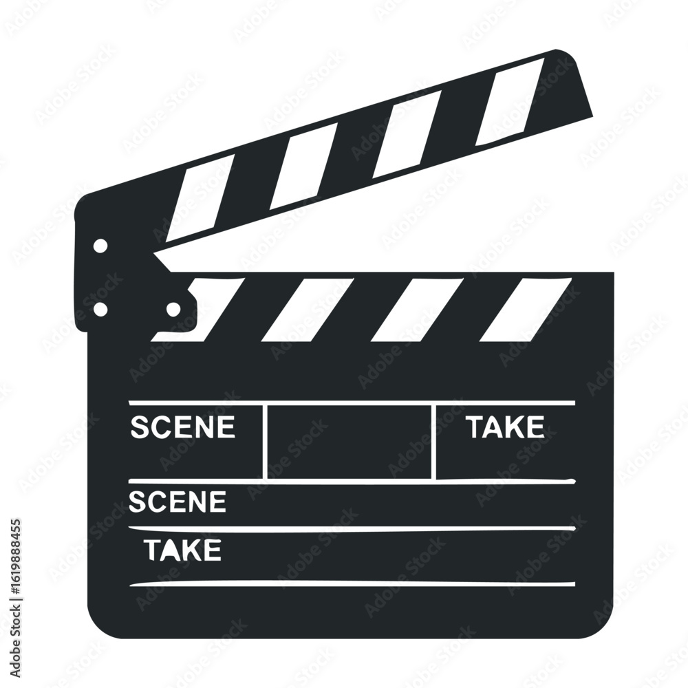Obraz premium Movie clapperboard icon with black and white stripes and text fields for scene and take. Vector illustration