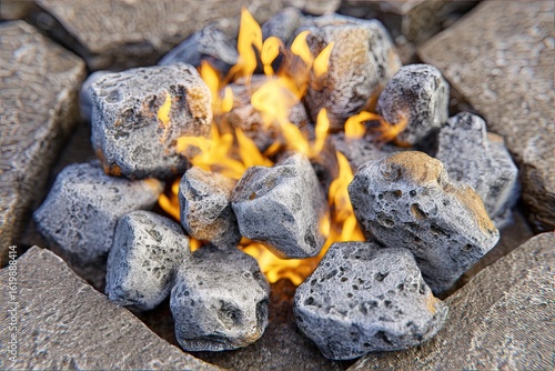 Small fire pit, gray stones, flames
