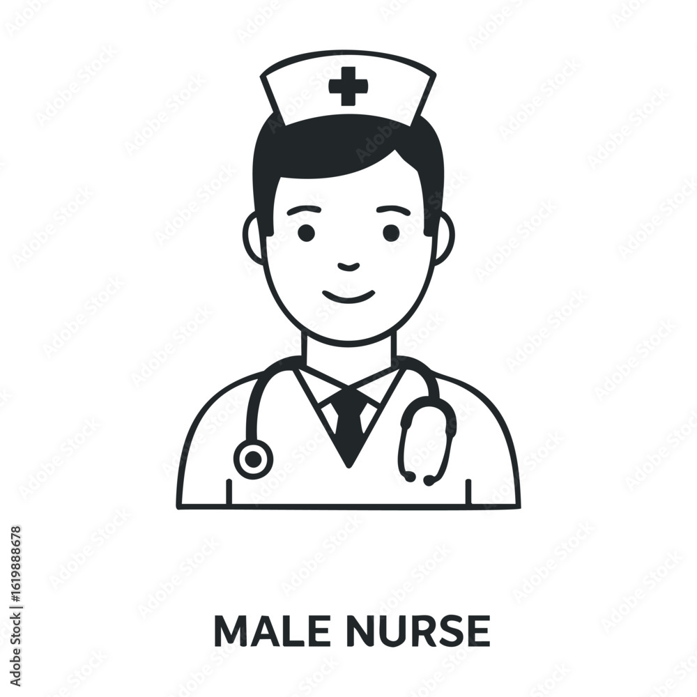 Fototapeta premium Male nurse icon illustration with stethoscope and nursing cap. Vector illustration
