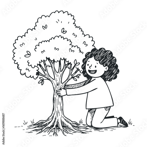 Young african female child hugging tree in nature-themed black and white drawing. Vector illustration