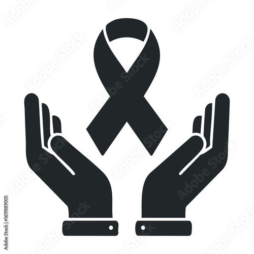 Black awareness ribbon emblem held by open hands symbolizing support and unity. Vector illustration