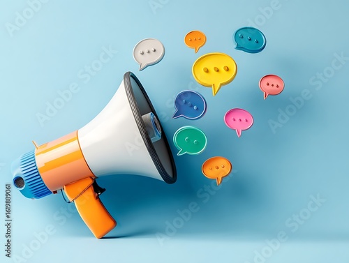 megaphone, speech bubbles, communication, marketing, social media, broadcast, message, digital, colorful, blue background, public speaking, online chat, conversation, vibrant, graphic, icon, illustrat