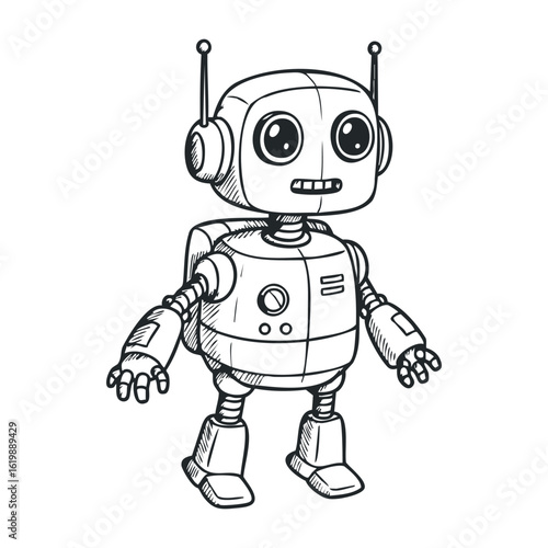 Cute vintage robot sketch with antennas and big eyes. Vector illustration