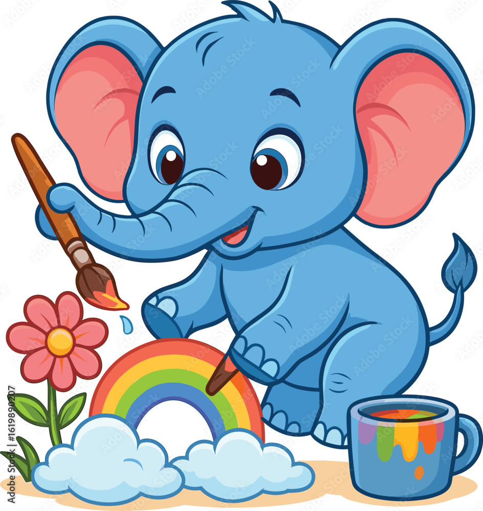 Fototapeta premium Adorable cartoon baby elephant painting a rainbow and flower with a brush in colorful outdoor scene