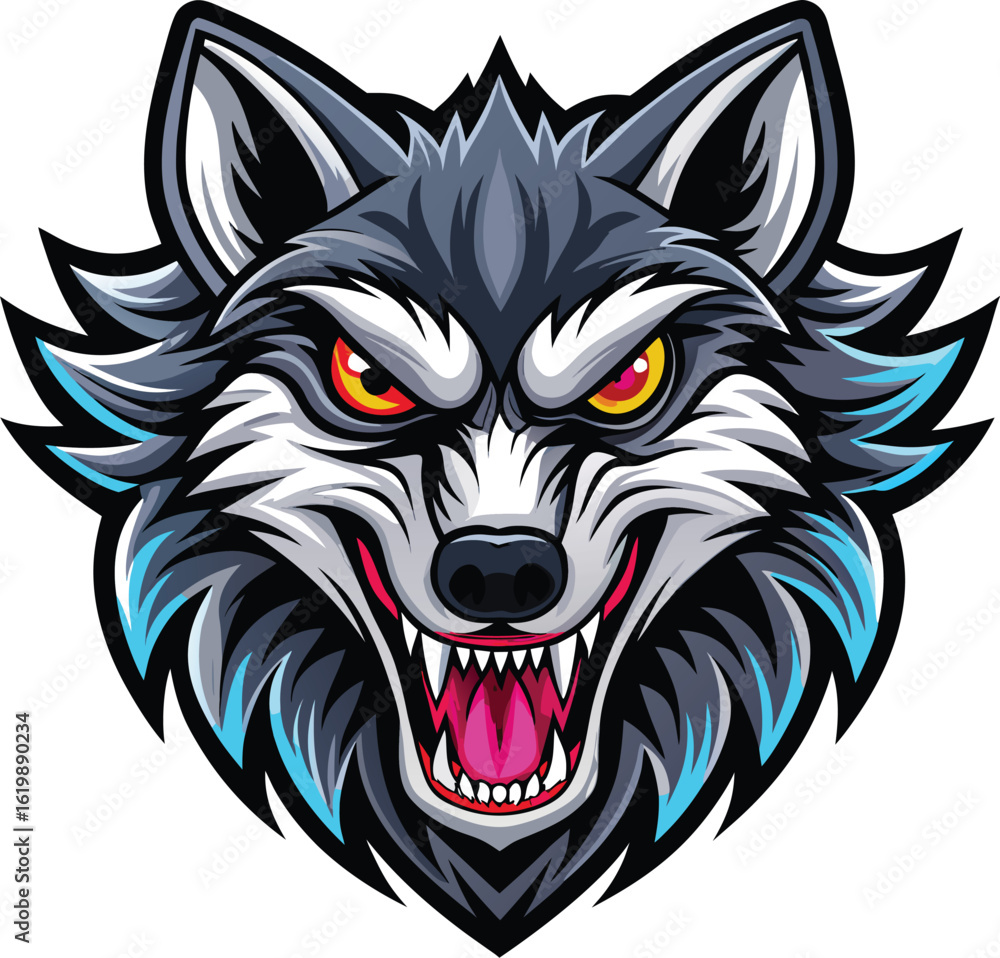 Fototapeta premium Aggressive Blue & Red Wolf Head Mascot Vector Logo - Fierce Sports & Gaming Design