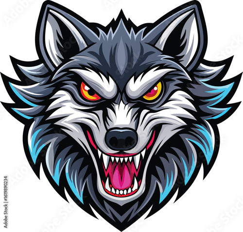 Aggressive Blue & Red Wolf Head Mascot Vector Logo - Fierce Sports & Gaming Design