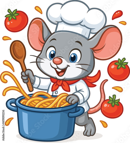 Cute cartoon mouse chef cooking spaghetti in pot with flying tomatoes and wooden spoon