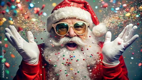 Photo of excited santa claus wearing sunglasses and a hat, with colorful confetti falling around him, celebrating the joy and magic of the christmas holiday season with a festive spirit