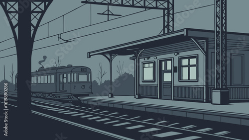 Vintage train at a deserted station platform under a twilight sky evoking a sense of quiet anticipation and nostalgic journey
