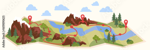 Map road. Trip to travel. Path for journey. Cartoon geography route. Discovery orienteering. Mountain and river at roadmap. Trekking on nature. Navigational landscape. Vector travelling illustration