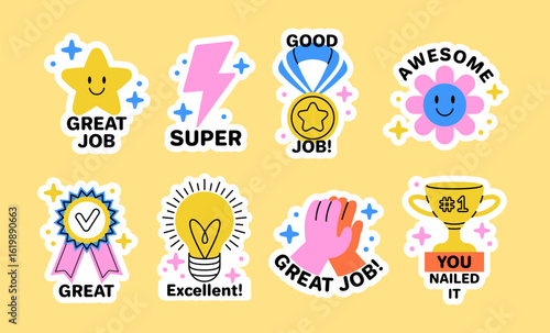 Motivational stickers. Good job icon. School success star. Education evaluation best reward. Emoticon for business. Lightning and flower smile. Light bulb. Medals or trophies. Vector cartoon icons set