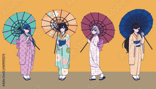Anime manga girls. Traditional Japanese kimono with sakura flowers. Asian costume. Colorful yukata. Kawaii woman with fan or parasol. Geisha outfit. Cultural beauty. Vector young female characters set