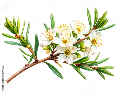Manuka Tea Tree Branch: Detailed Botanical Watercolor Illustration on Black Background