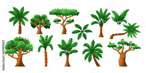 Retro pixel tree. Palm, banana, coconut plant. 8 bit jungle. Game app about travel. Cartoon foliage, vintage nature landscape. Island wood. 8 bit stylized elements. Vector garish isolated illustration
