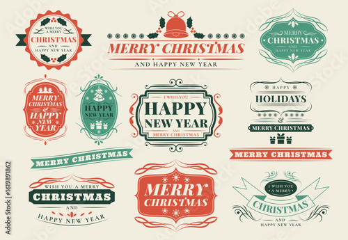Merry Christmas logo. Xmas ornament text label. Flourish frame. Retro badge. Holiday typography sticker. Vintage snowflake and winter tree. Celebration decoration. Vector New year garish cards set