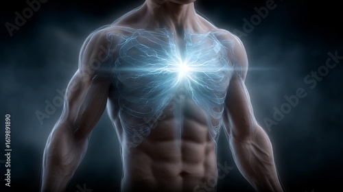 A digital illustration of a muscular male torso, revealing an illuminated skeletal structure and glowing heart, set against a dark, moody background.