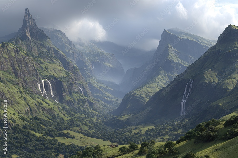 Fototapeta premium Lush valley between towering, jagged mountains, with waterfalls cascading down the slopes