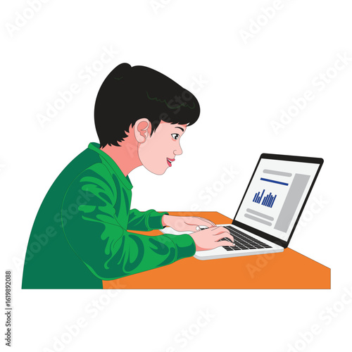 A young student boy is sitting at his home desk using a laptop for online learning. He appears focused while working on school data and digital education tasks.