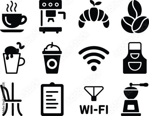 Collection of coffee shop icons including coffee maker and croissant