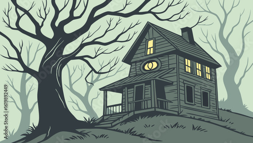 A spooky old wooden house with glowing windows stands on a hill next to a large bare tree under a pale overcast sky