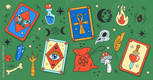 Tarot magic card stack. Sacred symbol. Mystical crescent. Spiritual hand drawn divination. Mystic ornament. Potion elixir bottle. Occult element. Astrology esoteric stickers set. Vector tidy doodle