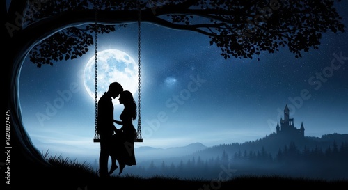 Romantic Couple Swinging Under a Full Moon Sky