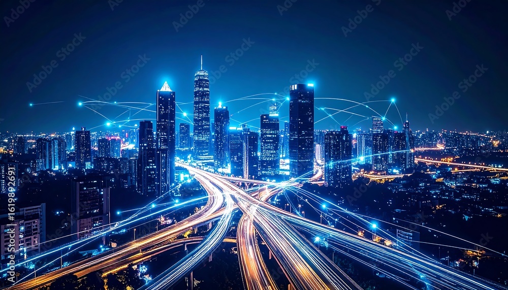 Fototapeta premium A futuristic cityscape at night, illuminated by glowing lights and connected by a network