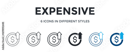 Expensive Icon In Different Style Vector Illustration. Designed In Thin Line, Regular Line, Bold Line, Glyph, Color Line, And Color Glyph Style Can Be Used For Web