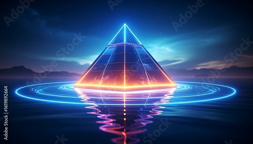 Pyramid Floating on Water with Neon Glow at Night