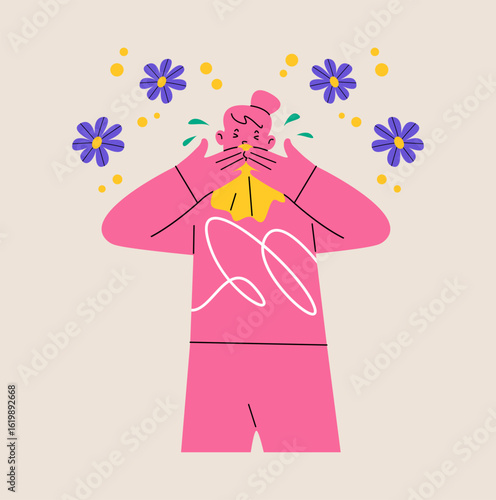 Woman allergic to pollen. Problem of allergy concept. Colorful vector illustration